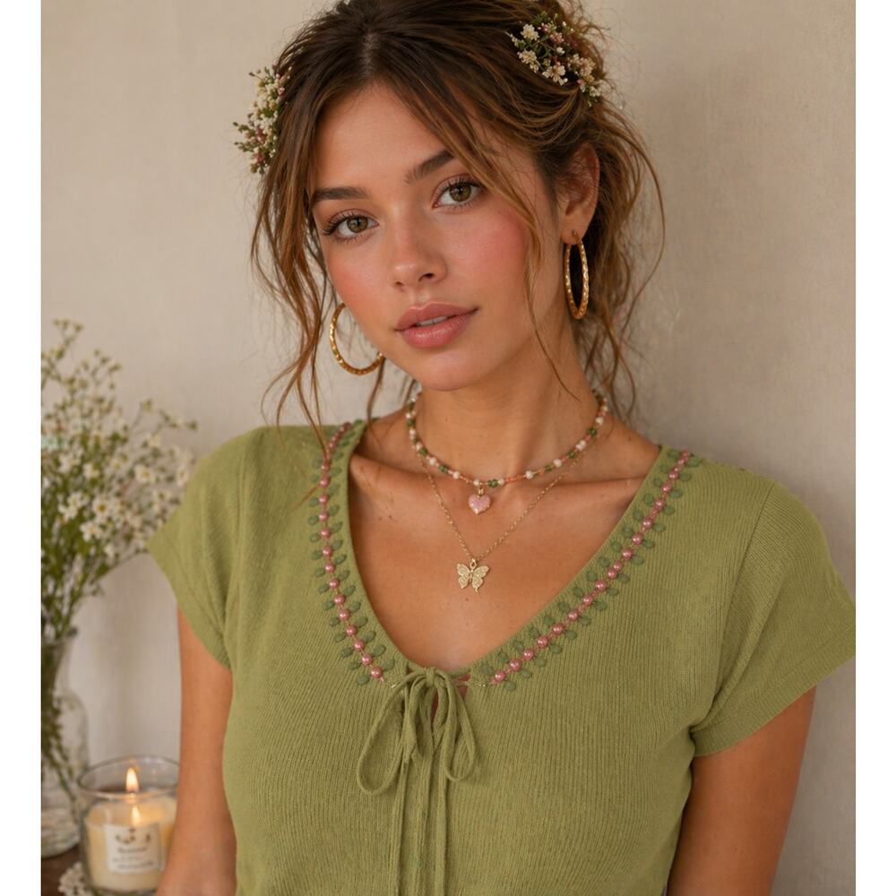 Max Studio Y2K Knit Crop Top Floral Rose Bud Sage Small Cottage Fairy Whimsy